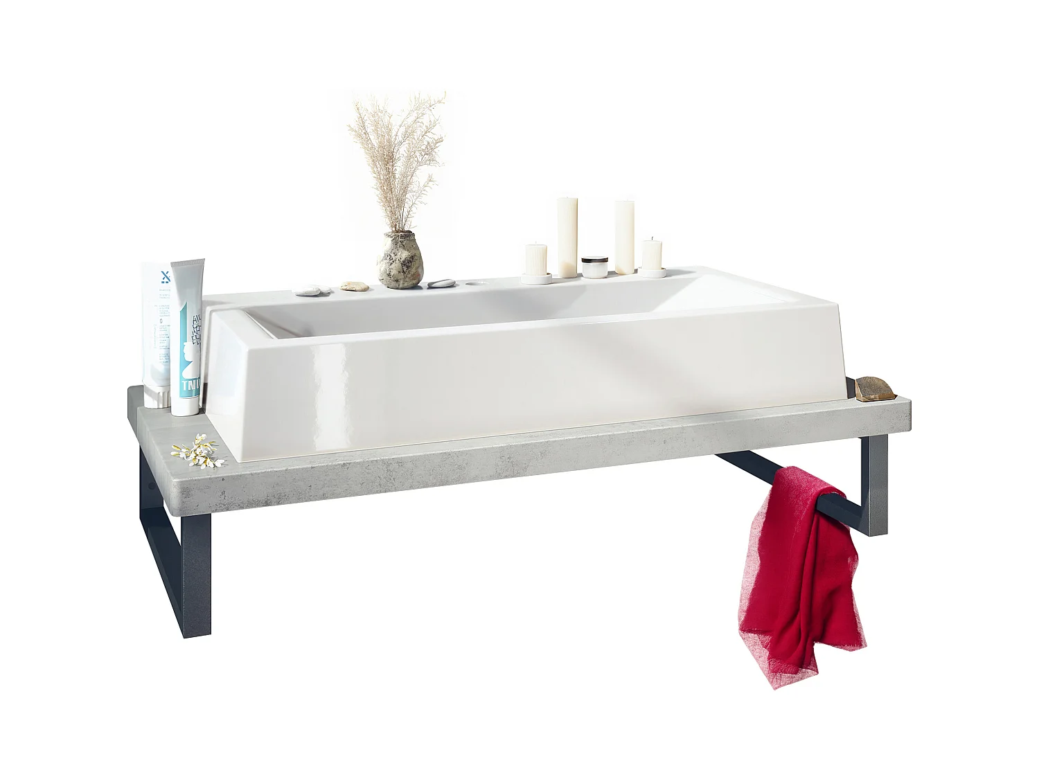 Vasque Nizza avec plateau de lavabo de couleur aspect béton oxyde et support de lavabo en métal noir (95 x 31,4 x 51 cm)