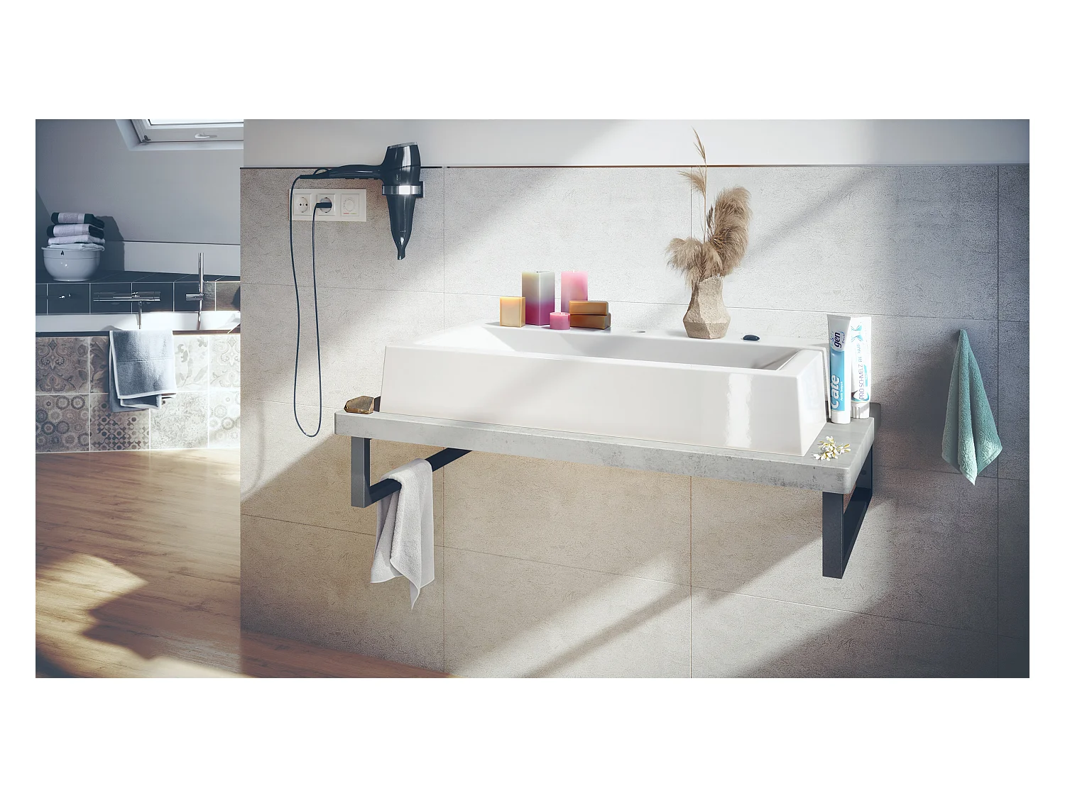 Vasque Nizza avec plateau de lavabo de couleur aspect béton oxyde et support de lavabo en métal noir (95 x 31,4 x 51 cm)