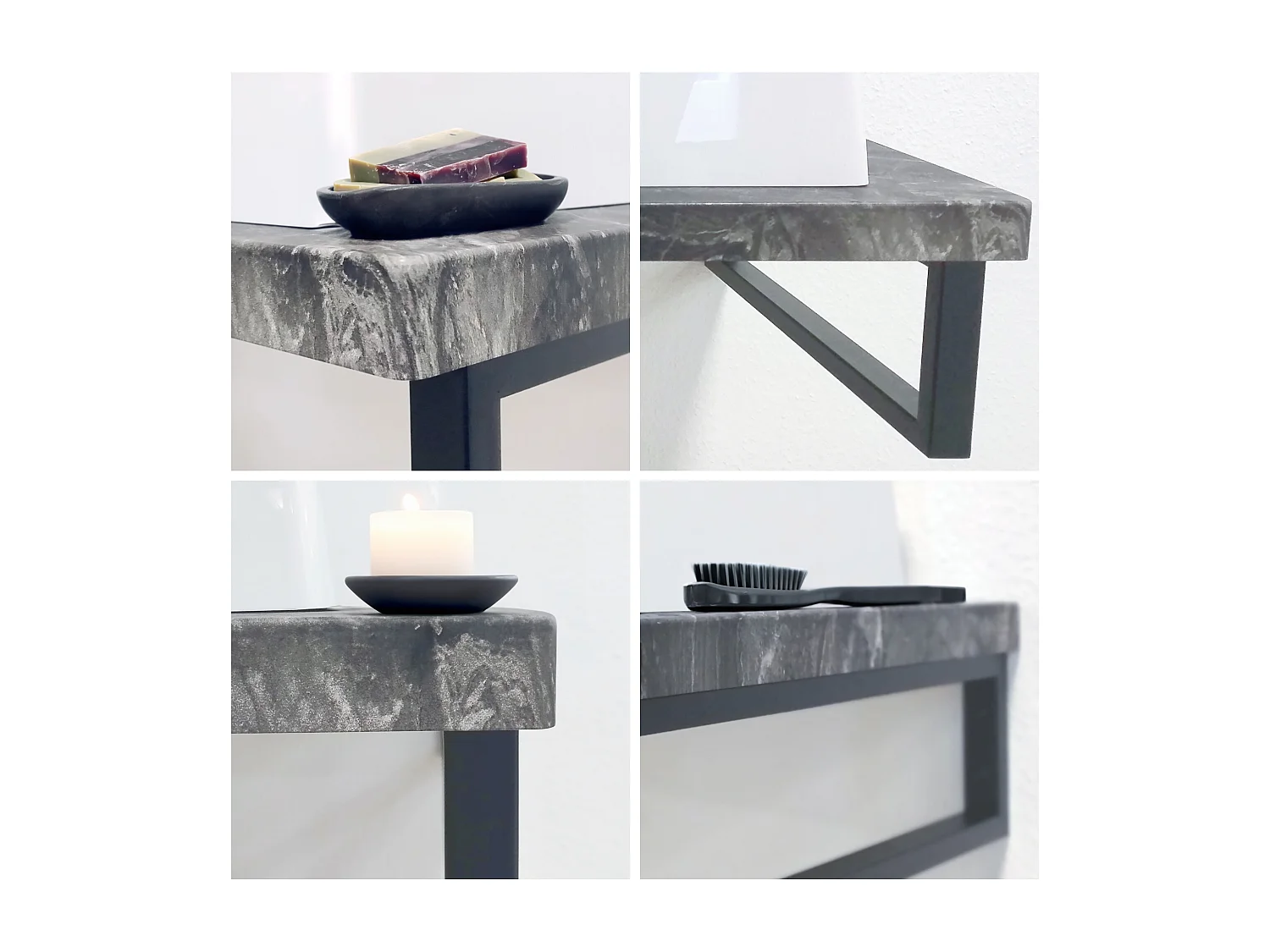 Vasque Nizza avec plateau de lavabo de couleur aspect béton oxyde et support de lavabo en métal noir (95 x 31,4 x 51 cm)