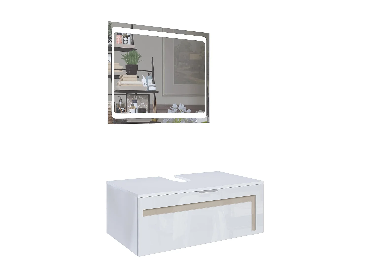 Meuble sous vasque Lavabo Aloha V2, Corps en Blanc mat / Façades en Blanc haute brillance avec un décor en Gris sable haute brillance, avec Miroir LED