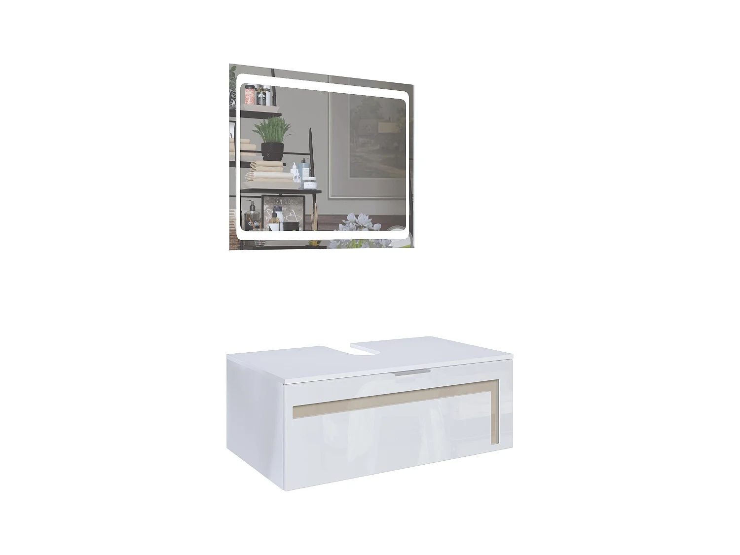 Meuble sous vasque Lavabo Aloha V2, Corps en Blanc mat / Façades en Blanc haute brillance avec un décor en Gris sable haute brillance, avec Miroir LED