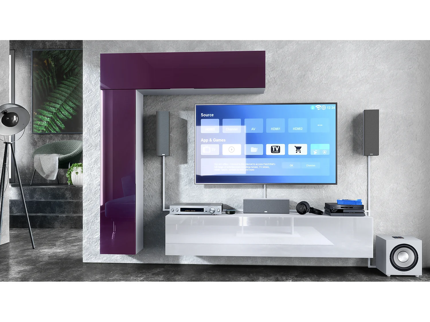 Meuble-paroi Taurito, blanc mat/mûre haute brillance - Meuble-paroi moderne pour votre salon (320 x 182 x 39 cm)