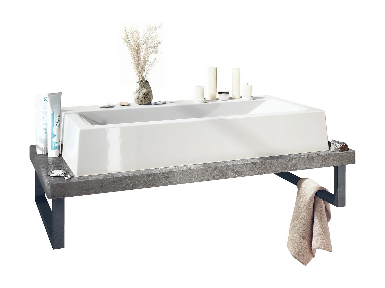 Vasque Nizza avec plateau de lavabo de couleur Gris pierre et support de lavabo en métal noir (95 x 31,4 x 51 cm)