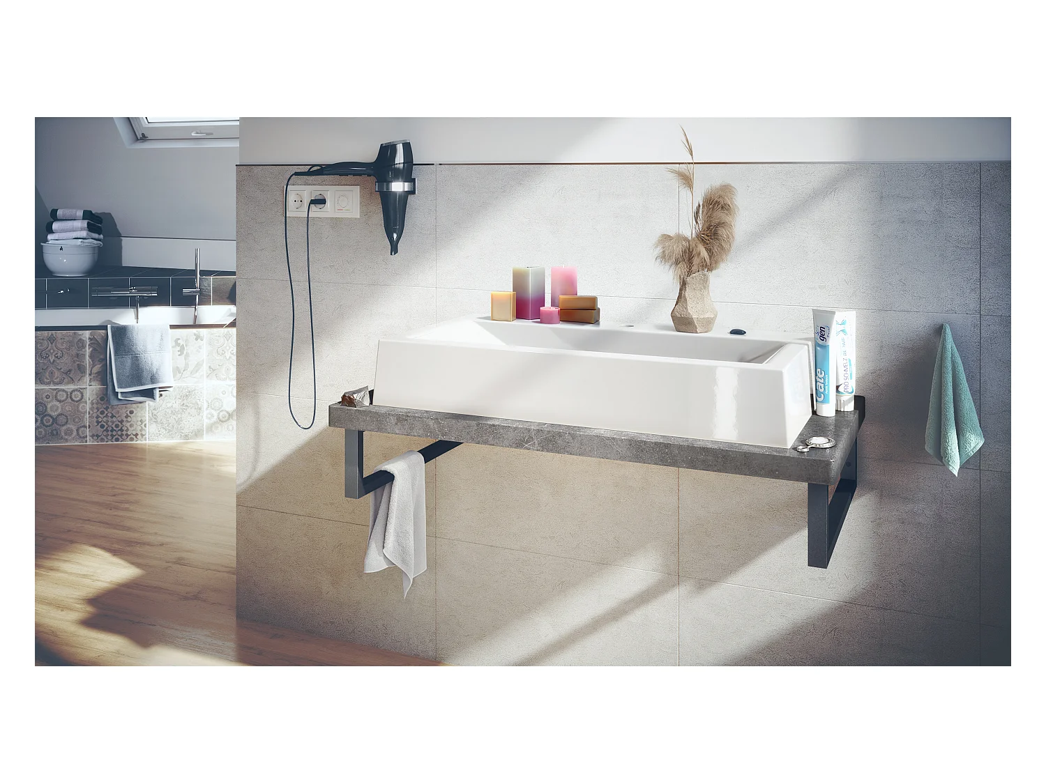 Vasque Nizza avec plateau de lavabo de couleur Gris pierre et support de lavabo en métal noir (95 x 31,4 x 51 cm)