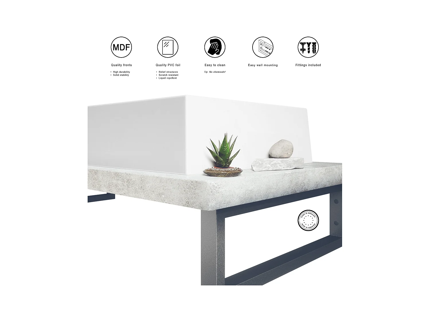 Vasque Nizza avec plateau de lavabo de couleur Gris pierre et support de lavabo en métal noir (95 x 31,4 x 51 cm)