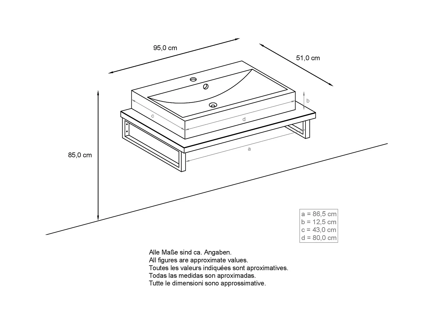 Vasque Nizza avec plateau de lavabo de couleur Gris pierre et support de lavabo en métal noir (95 x 31,4 x 51 cm)