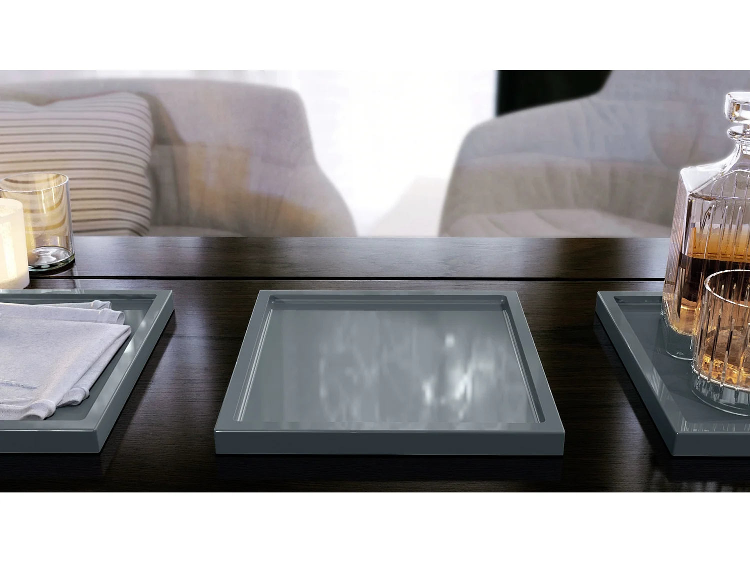 Décoration de table Maya, Plateau rectangulaire décoratif et moderne, Gris haute brillance, 2 pièces (20 x 1,8 x 20 cm)