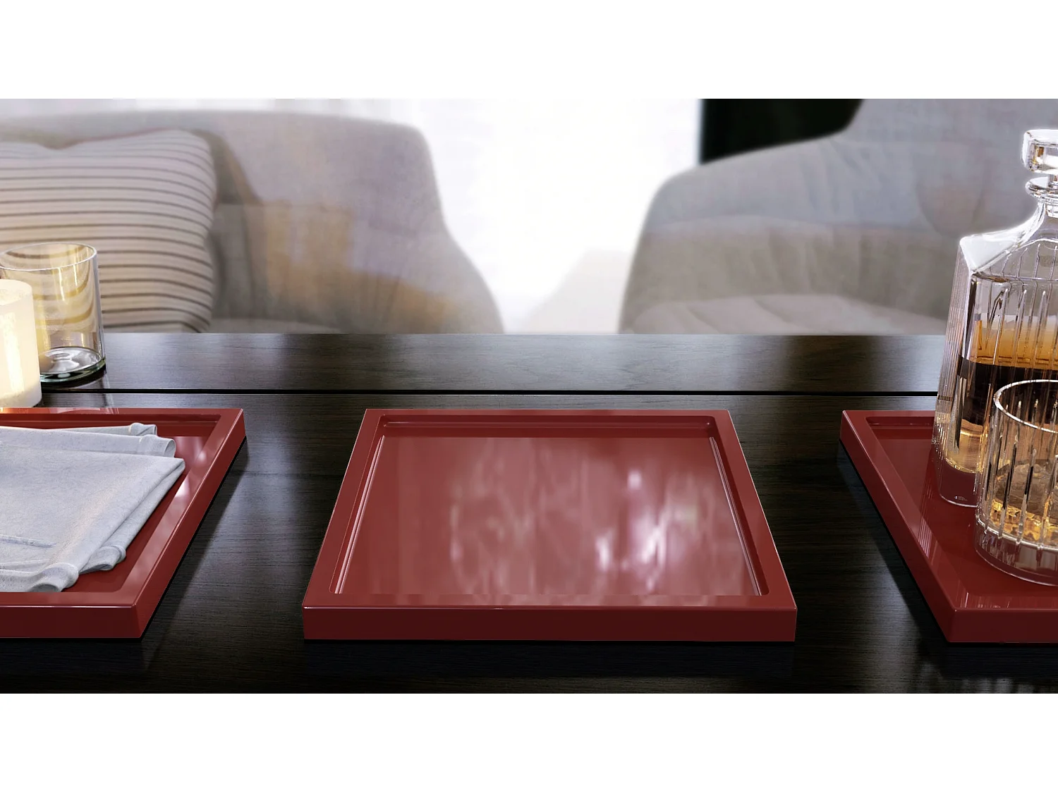 Décoration de table Maya, Plateau rectangulaire décoratif et moderne, Bordeaux haute brillance (20 x 1,8 x 20 cm)