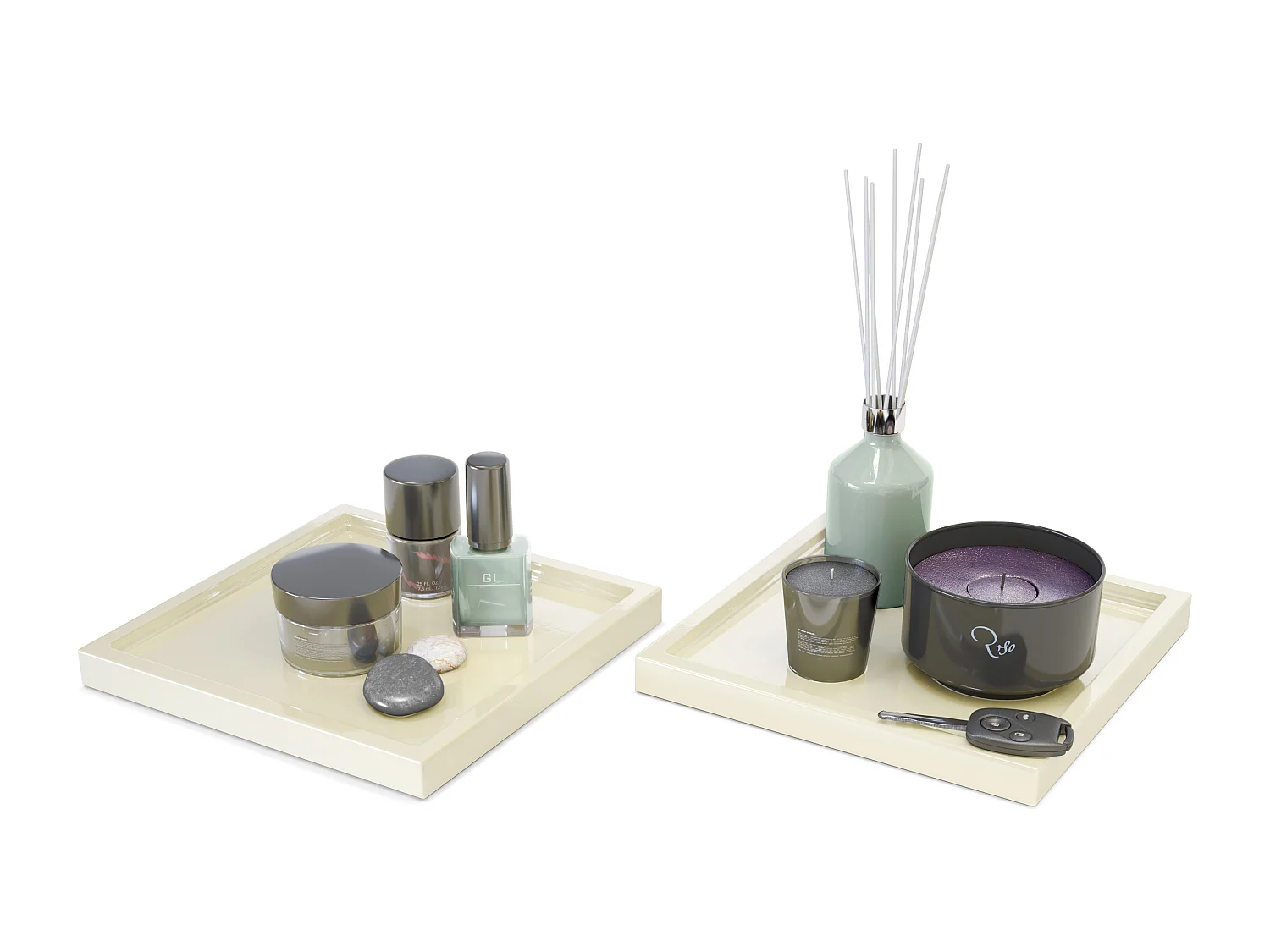 Décoration de table Maya, Plateau rectangulaire décoratif et moderne, Crème haute brillance, 2 pièces (20 x 1,8 x 20 cm)