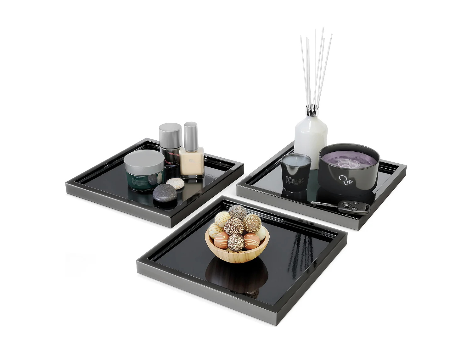 Décoration de table Maya, Plateau rectangulaire décoratif et moderne, Noir haute brillance, 3 pièces (20 x 1,8 x 20 cm)