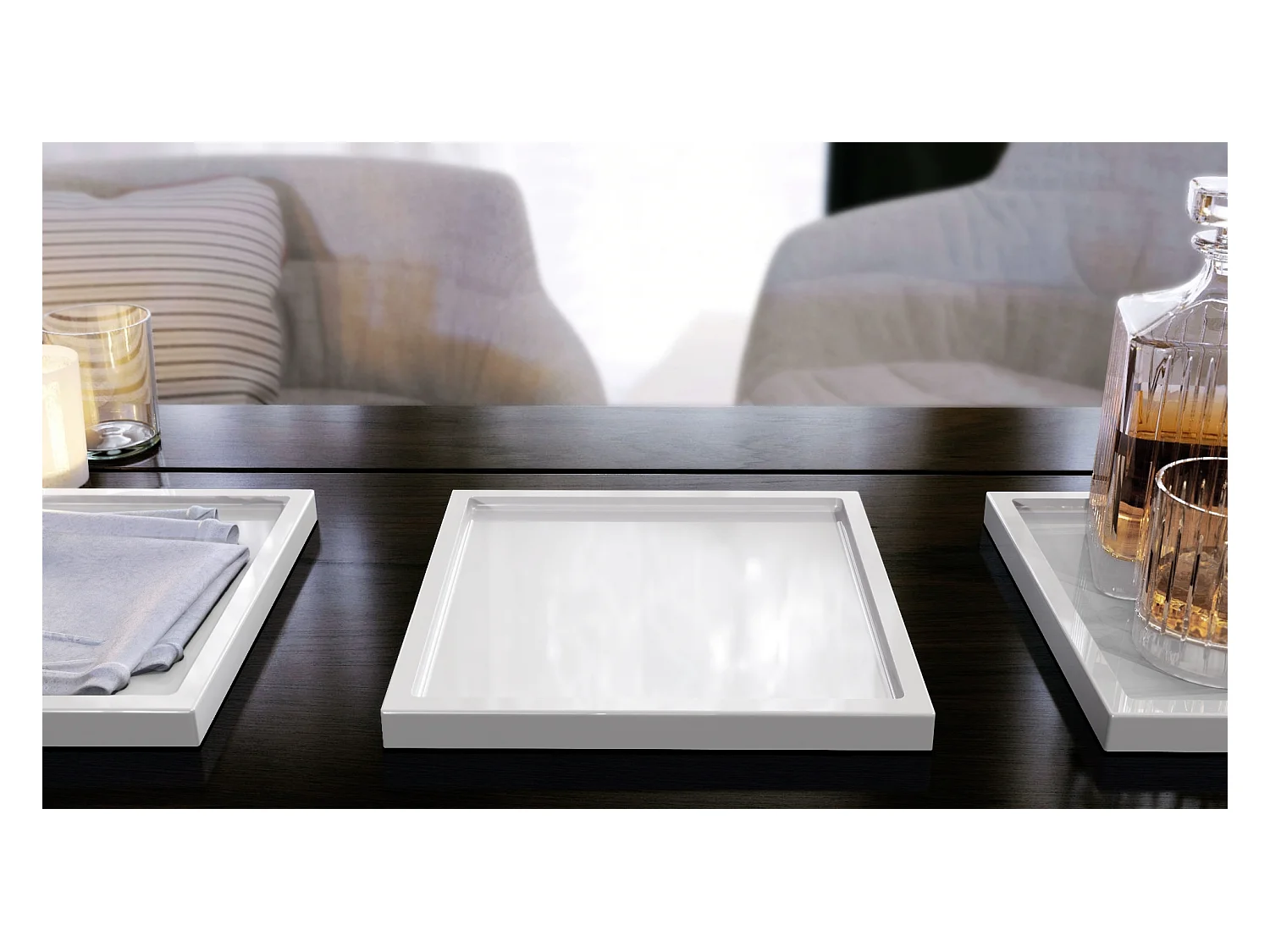 Décoration de table Maya, Plateau rectangulaire décoratif et moderne, Blanc haute brillance, 3 pièces (20 x 1,8 x 20 cm)