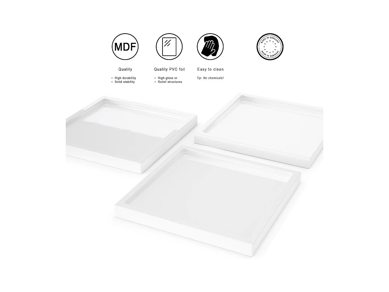 Décoration de table Maya, Plateau rectangulaire décoratif et moderne, Blanc haute brillance, 3 pièces (20 x 1,8 x 20 cm)