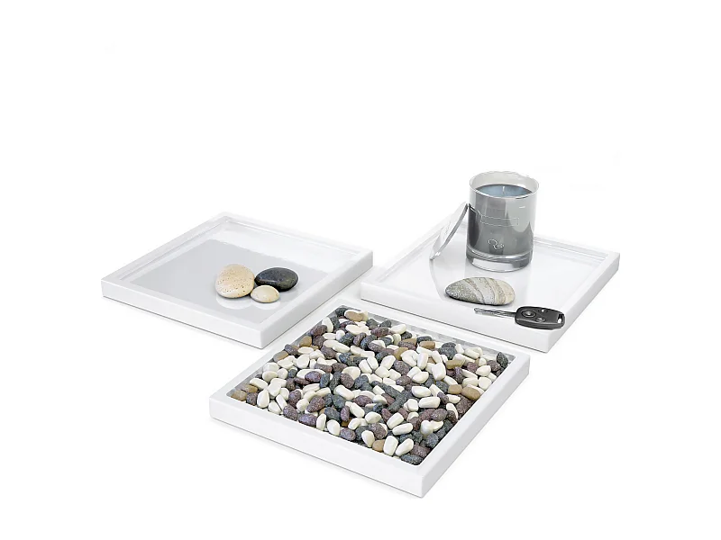 Maya Vassoio decorativo, moderno vassoio quadrato decorativo, bianco lucido, set di 3 (20 x 1,8 x 20 cm)