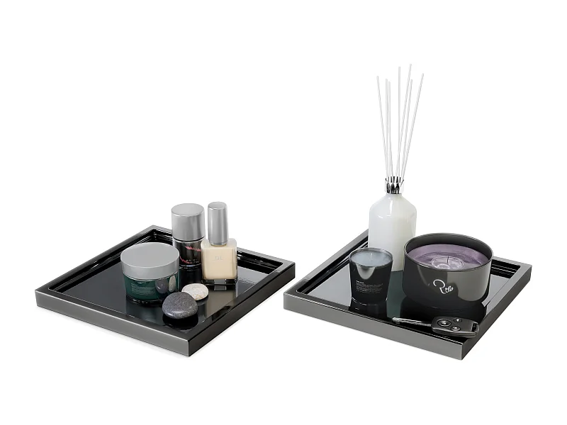 Décoration de table Maya, Plateau rectangulaire décoratif et moderne, Noir haute brillance, 2 pièces (20 x 1,8 x 20 cm)