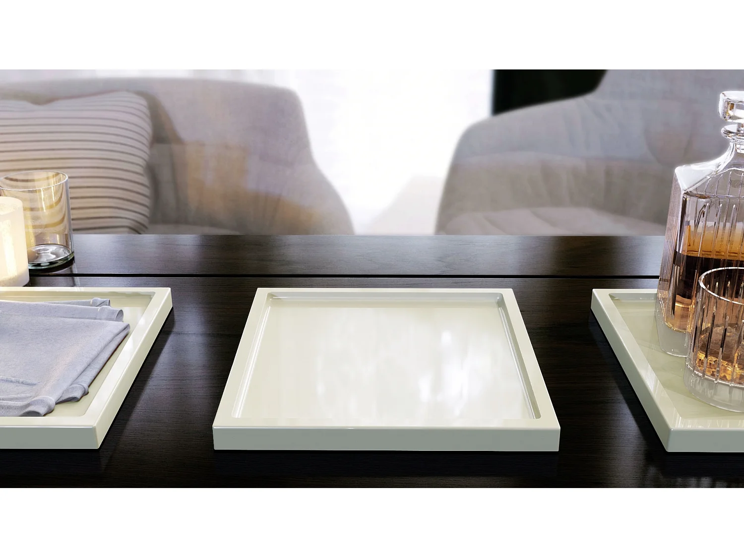 Décoration de table Maya, Plateau rectangulaire décoratif et moderne, Crème haute brillance (20 x 1,8 x 20 cm)