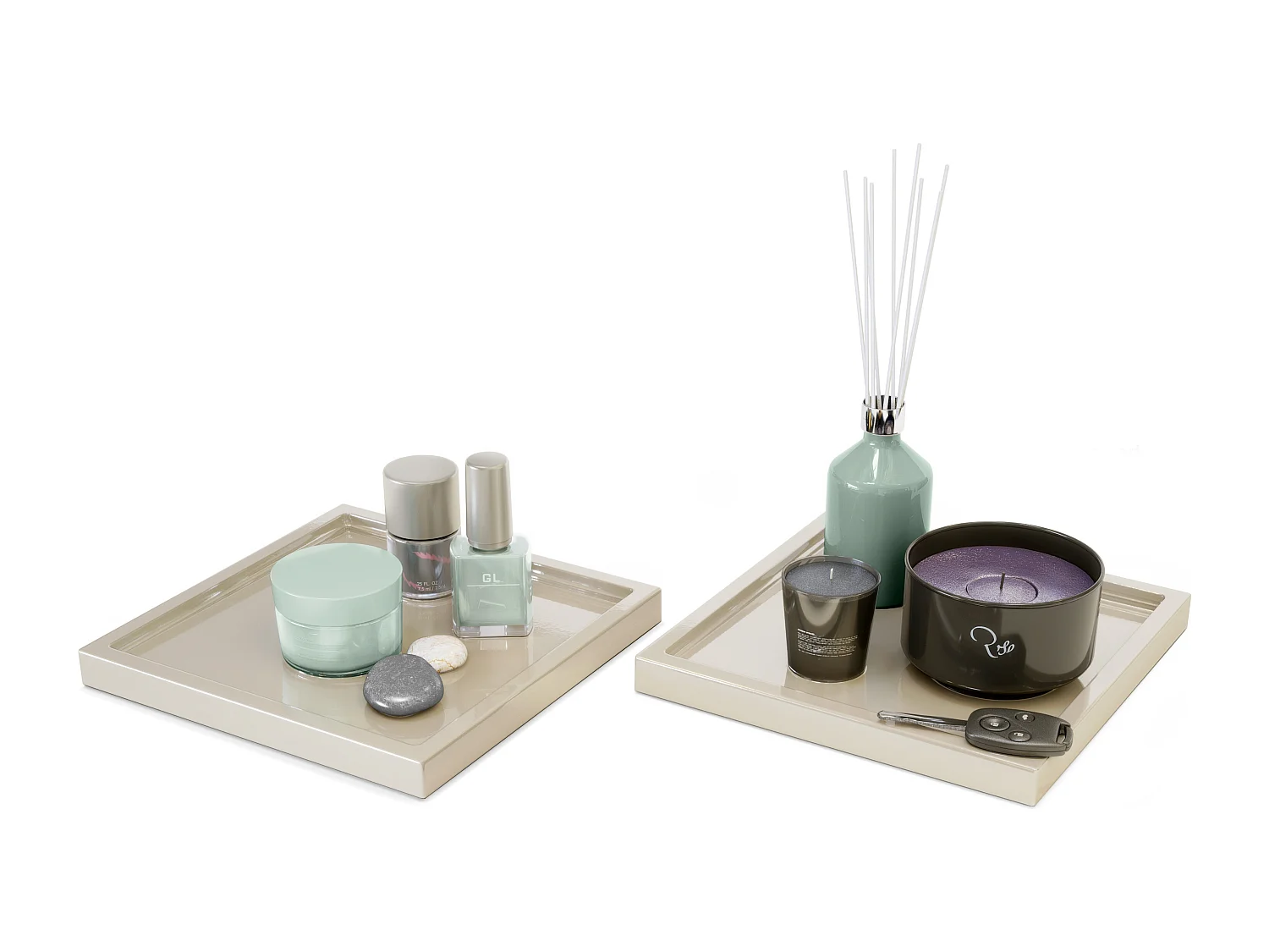 Décoration de table Maya, Plateau rectangulaire décoratif et moderne, Gris sable haute brillance, 2 pièces (20 x 1,8 x 20 cm)