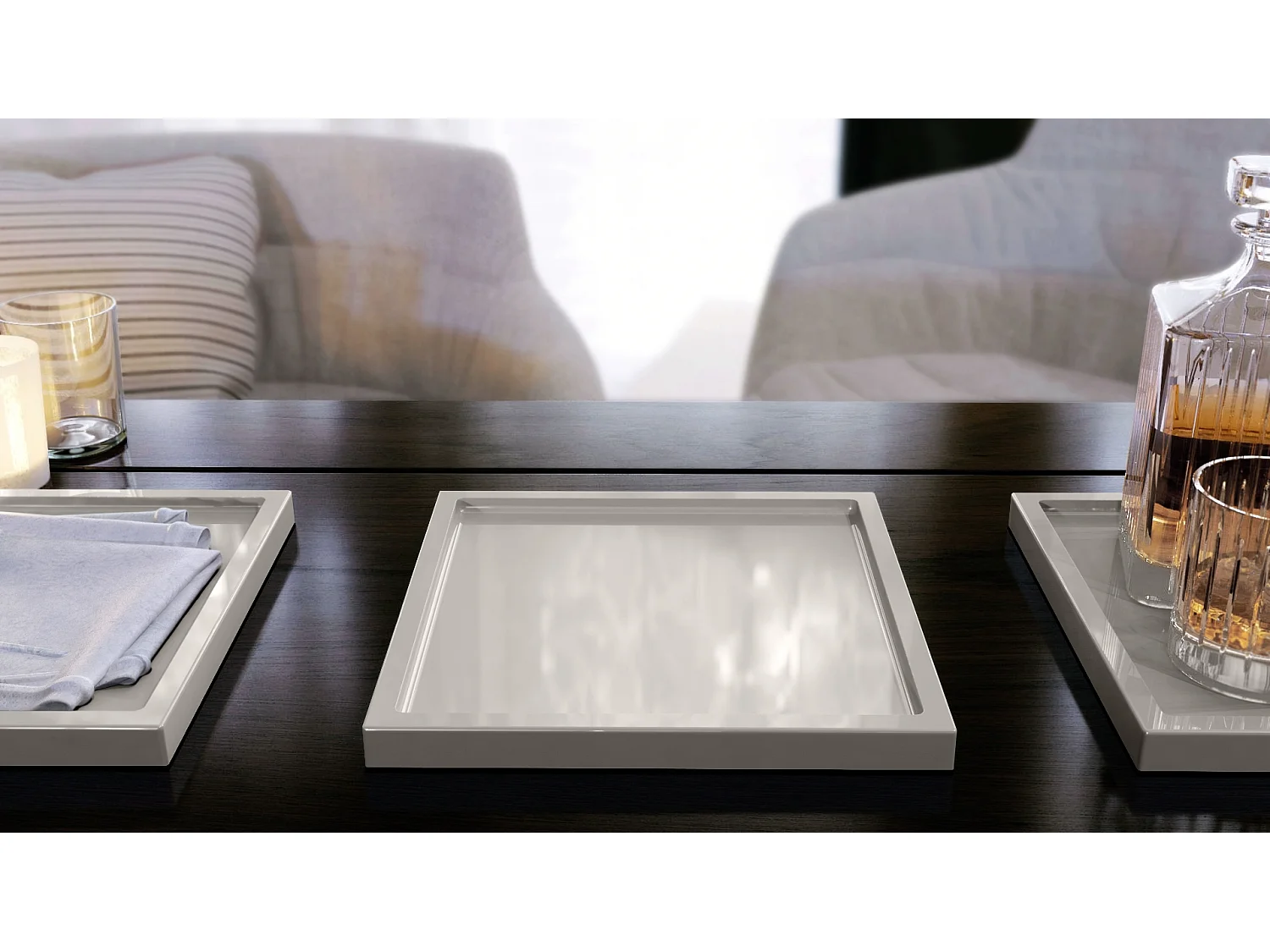 Décoration de table Maya, Plateau rectangulaire décoratif et moderne, Gris sable haute brillance, 2 pièces (20 x 1,8 x 20 cm)