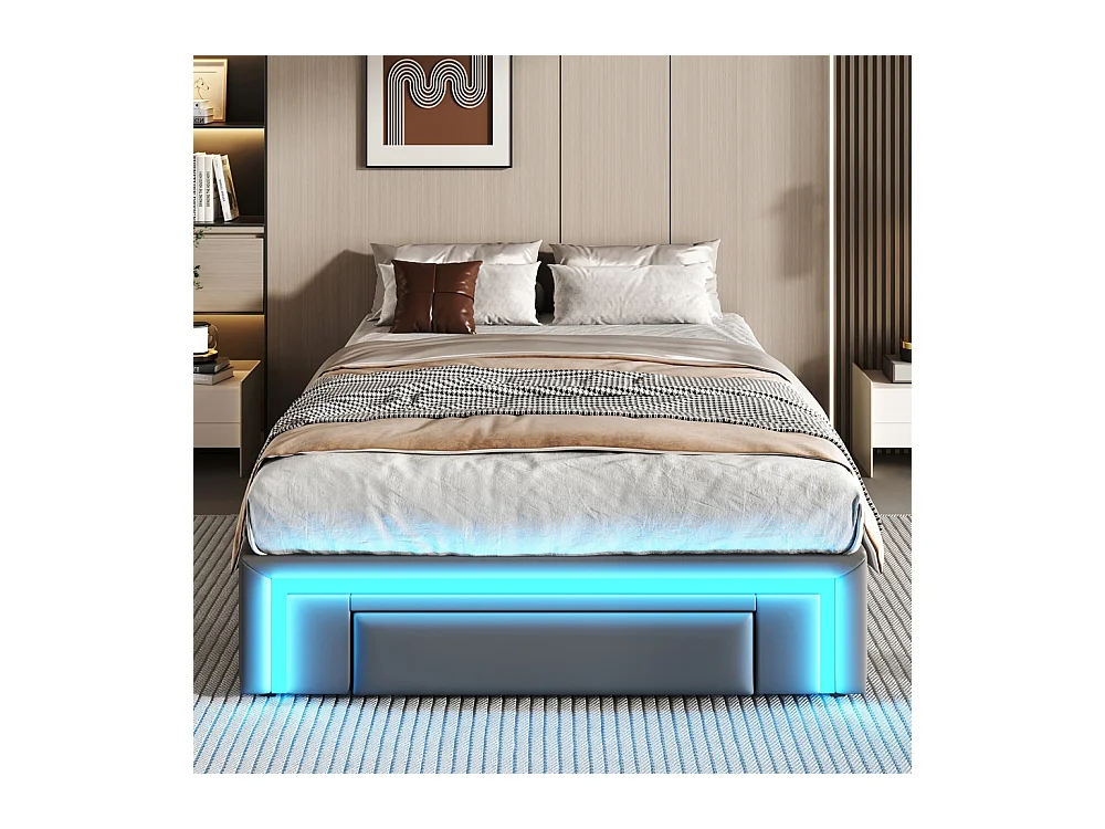 Volwassenenbed 160 x 200 cm, met lades, bekleed met PU-leer, zonder hoofdeinde, ledstrip, grijs