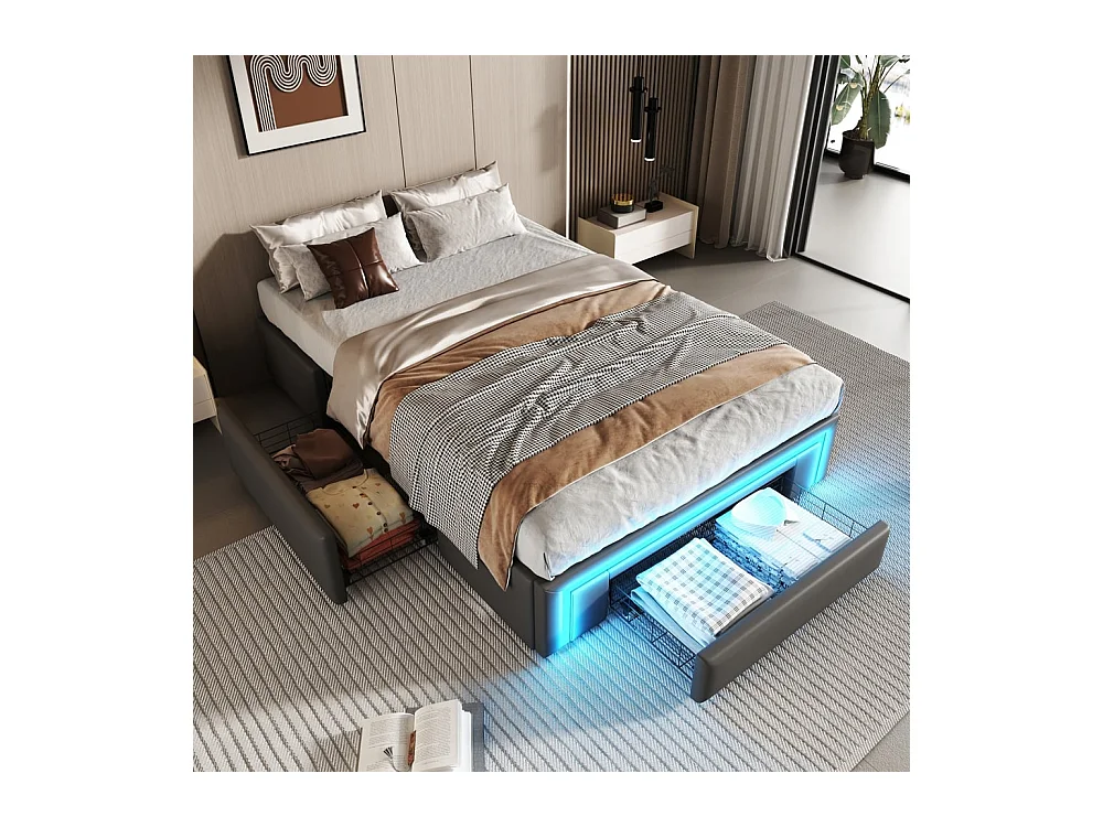 Volwassenenbed 160 x 200 cm, met lades, bekleed met PU-leer, zonder hoofdeinde, ledstrip, grijs