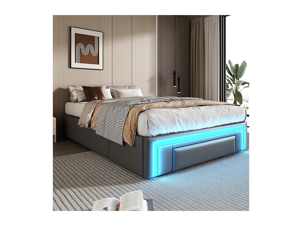 Volwassenenbed 160 x 200 cm, met lades, bekleed met PU-leer, zonder hoofdeinde, ledstrip, grijs