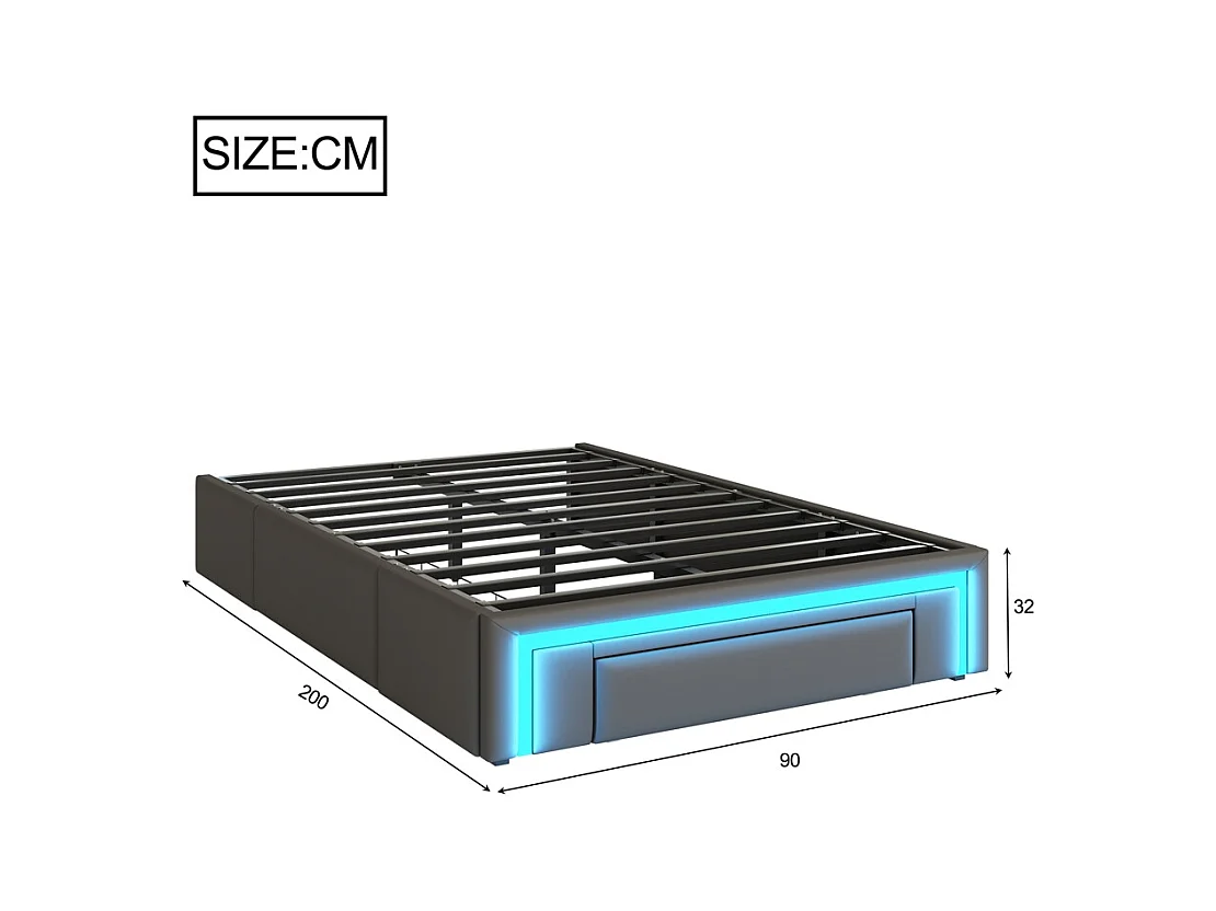 Volwassenenbed 160 x 200 cm, met lades, bekleed met PU-leer, zonder hoofdeinde, ledstrip, grijs