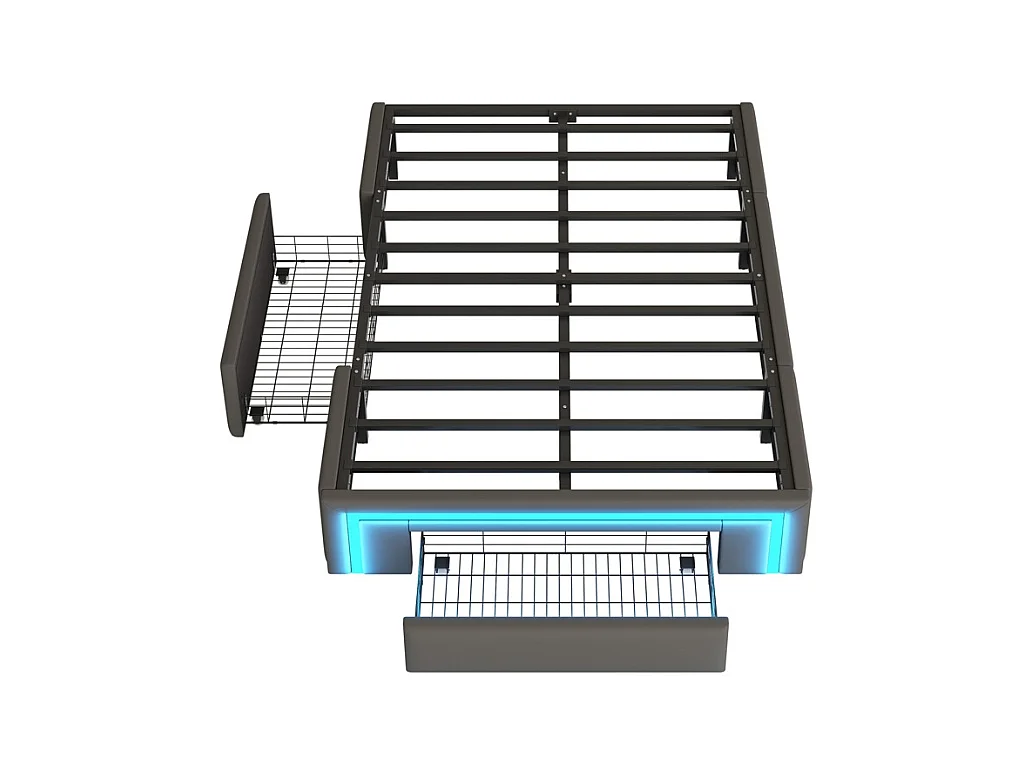 Volwassenenbed 160 x 200 cm, met lades, bekleed met PU-leer, zonder hoofdeinde, ledstrip, grijs