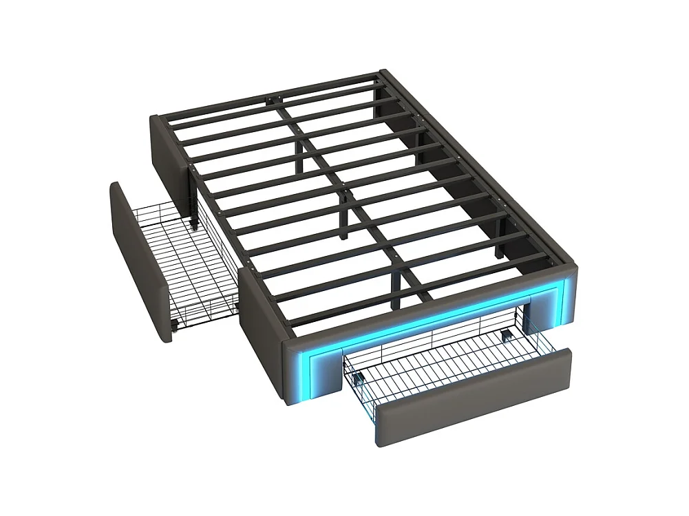 Volwassenenbed 160 x 200 cm, met lades, bekleed met PU-leer, zonder hoofdeinde, ledstrip, grijs