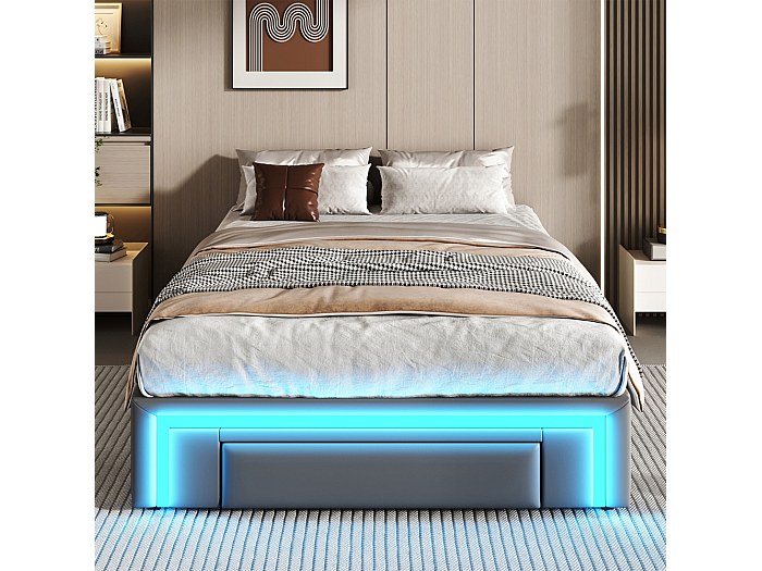 DADEA Letto Matrimoniale 160x200 Cm Con Contenitore E Porta USB - Struttura Imbottita In Tessuto Grigio Con 4 Cassetti E Testiera Ripiano - Adulti, 2 Posti