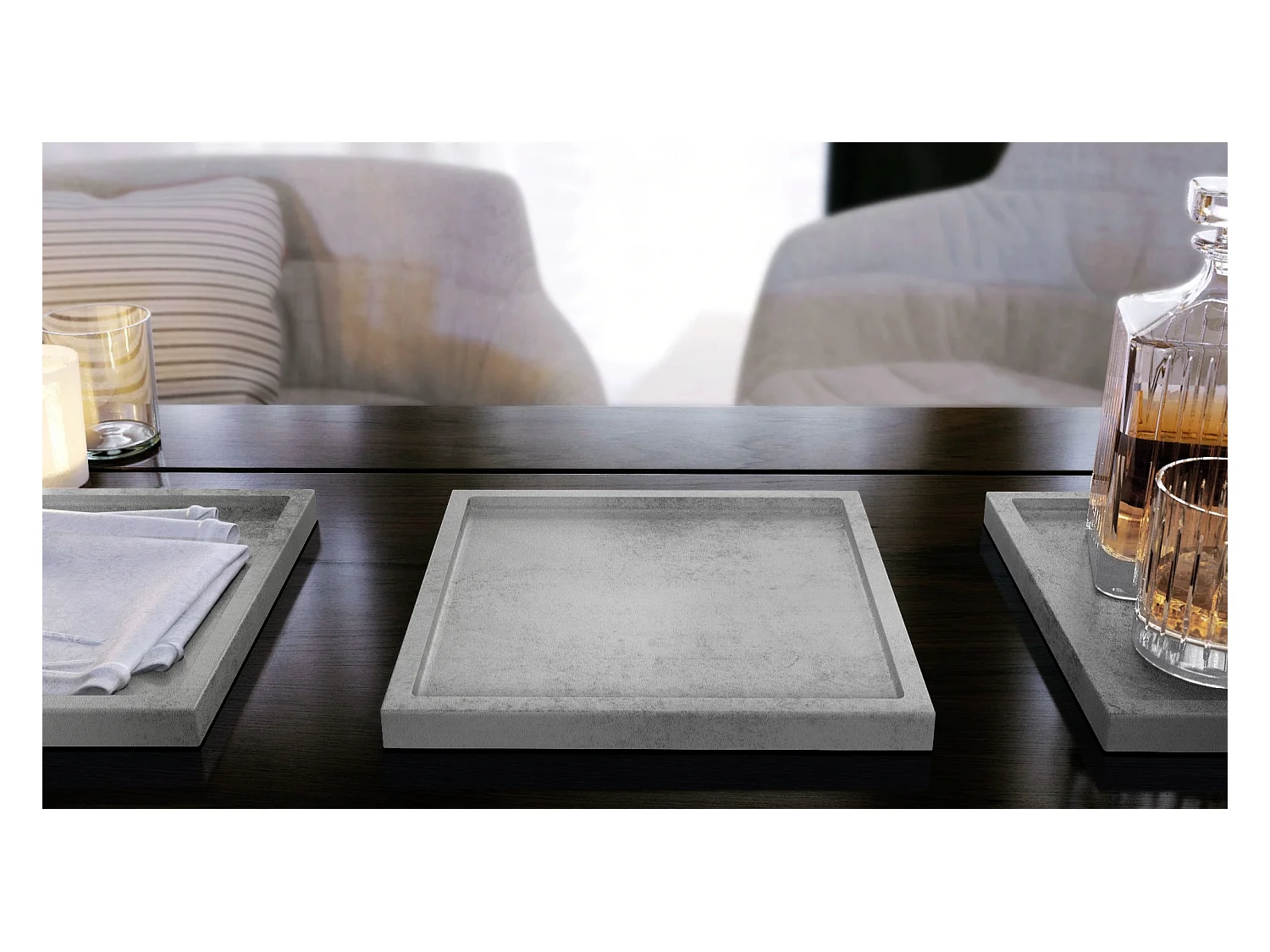 Décoration de table Maya, Plateau rectangulaire décoratif et moderne, Aspect Béton Oxyde, 3 pièces (20 x 1,8 x 20 cm)