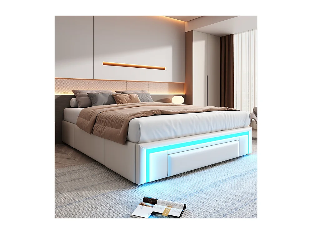 Volwassenenbed 140 x 200 cm, met lades, zonder hoofdeinde, ledstrip, metaal, beige