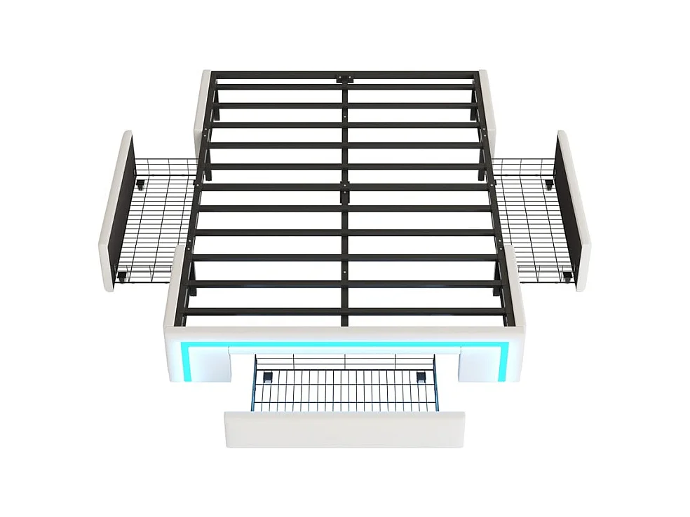 Volwassenenbed 140 x 200 cm, met lades, zonder hoofdeinde, ledstrip, metaal, beige