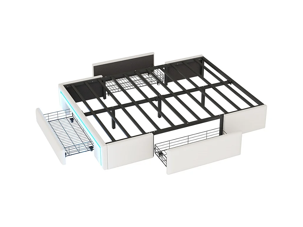 Volwassenenbed 140 x 200 cm, met lades, zonder hoofdeinde, ledstrip, metaal, beige