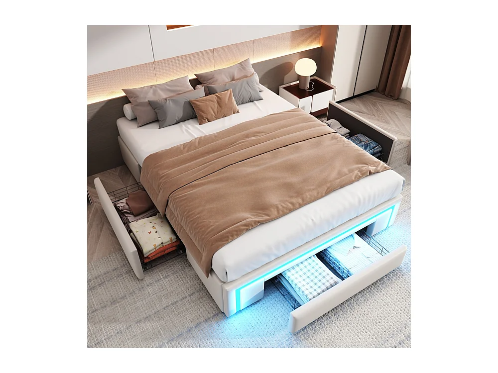 Lit adulte 140 x 200 cm, avec tiroirs, sans tête de lit, bande LED, métal, beige