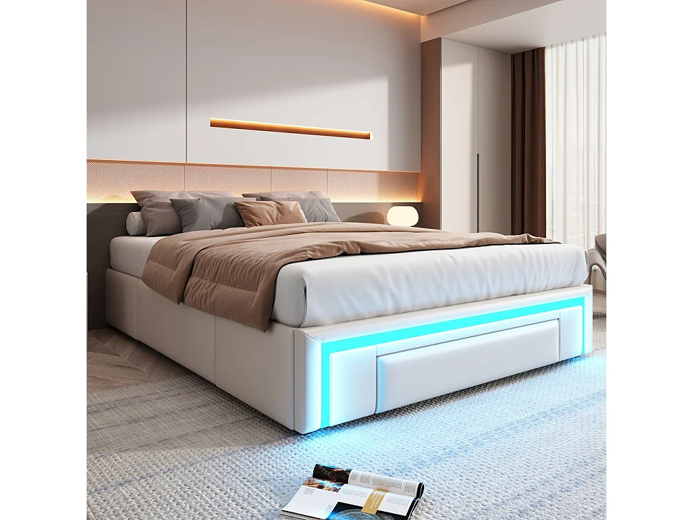 Lit adulte 140 x 200 cm, avec tiroirs, sans tête de lit, bande LED, métal, beige