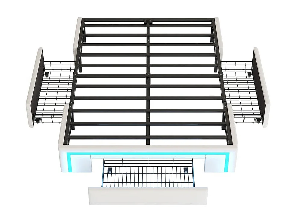 Lit adulte 140 x 200 cm, avec tiroirs, sans tête de lit, bande LED, métal, beige