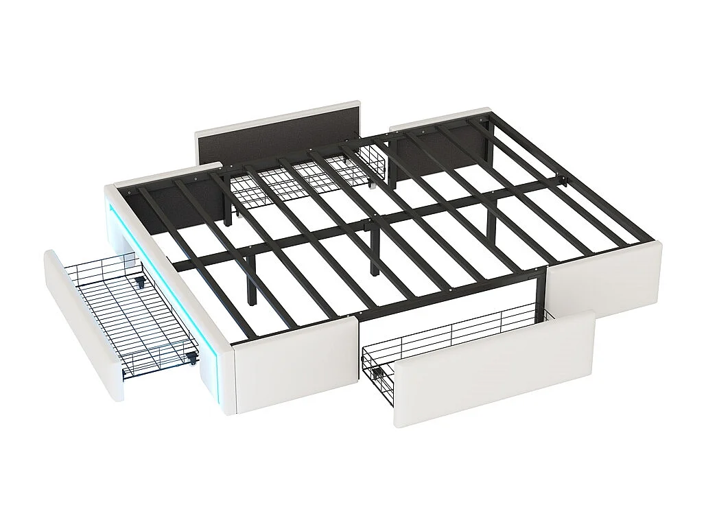 Lit adulte 140 x 200 cm, avec tiroirs, sans tête de lit, bande LED, métal, beige