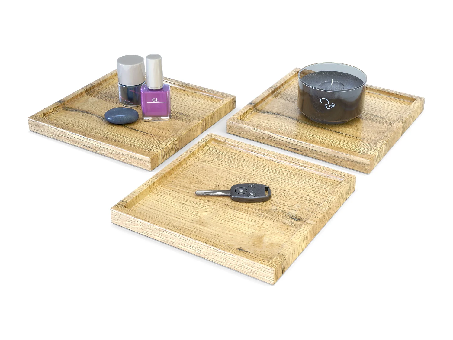 Décoration de table Maya, Plateau rectangulaire décoratif et moderne, Chêne Nature, 3 pièces (20 x 1,8 x 20 cm)