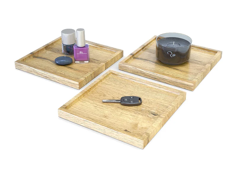 Décoration de table Maya, Plateau rectangulaire décoratif et moderne, Chêne Nature, 3 pièces (20 x 1,8 x 20 cm)