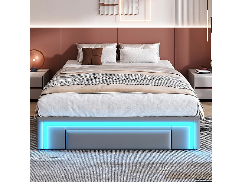 Lit adulte 140 x 200 cm, avec tiroirs, sans tête de lit, bande LED, métal, gris