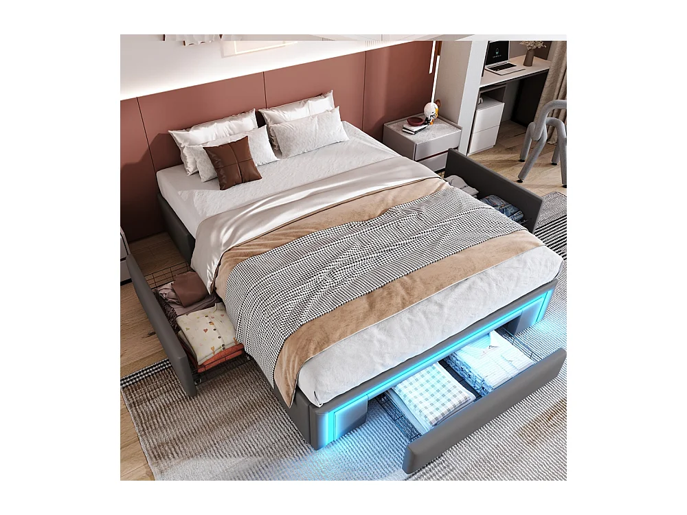 Volwassenenbed 140 x 200 cm, met lades, zonder hoofdeinde, ledstrip, metaal, grijs