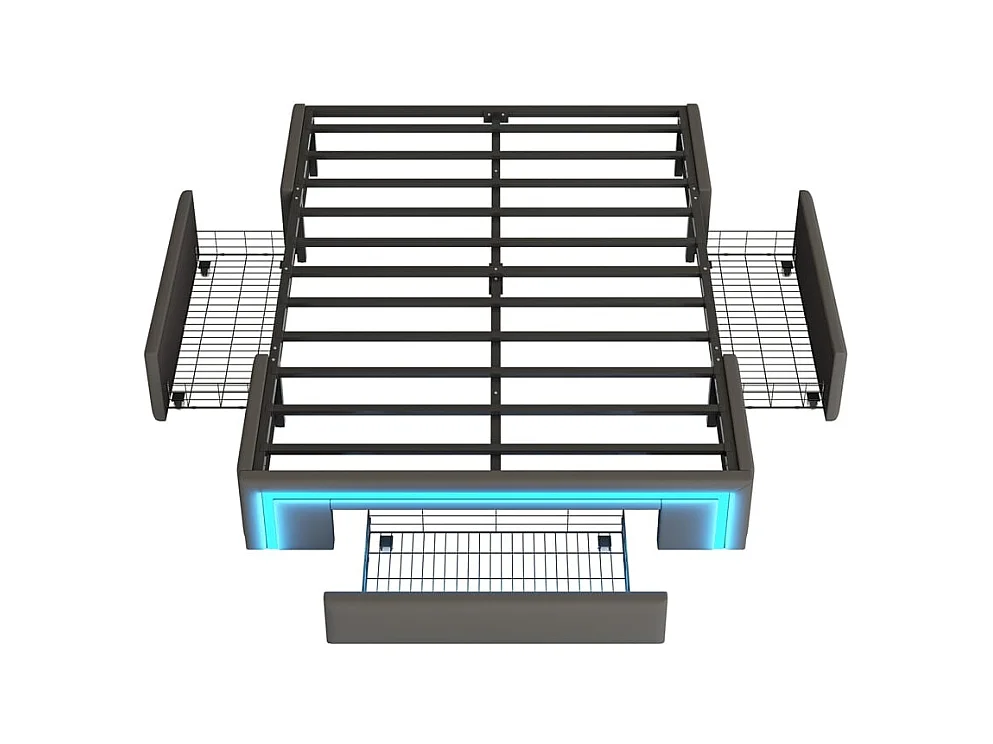 Volwassenenbed 140 x 200 cm, met lades, zonder hoofdeinde, ledstrip, metaal, grijs