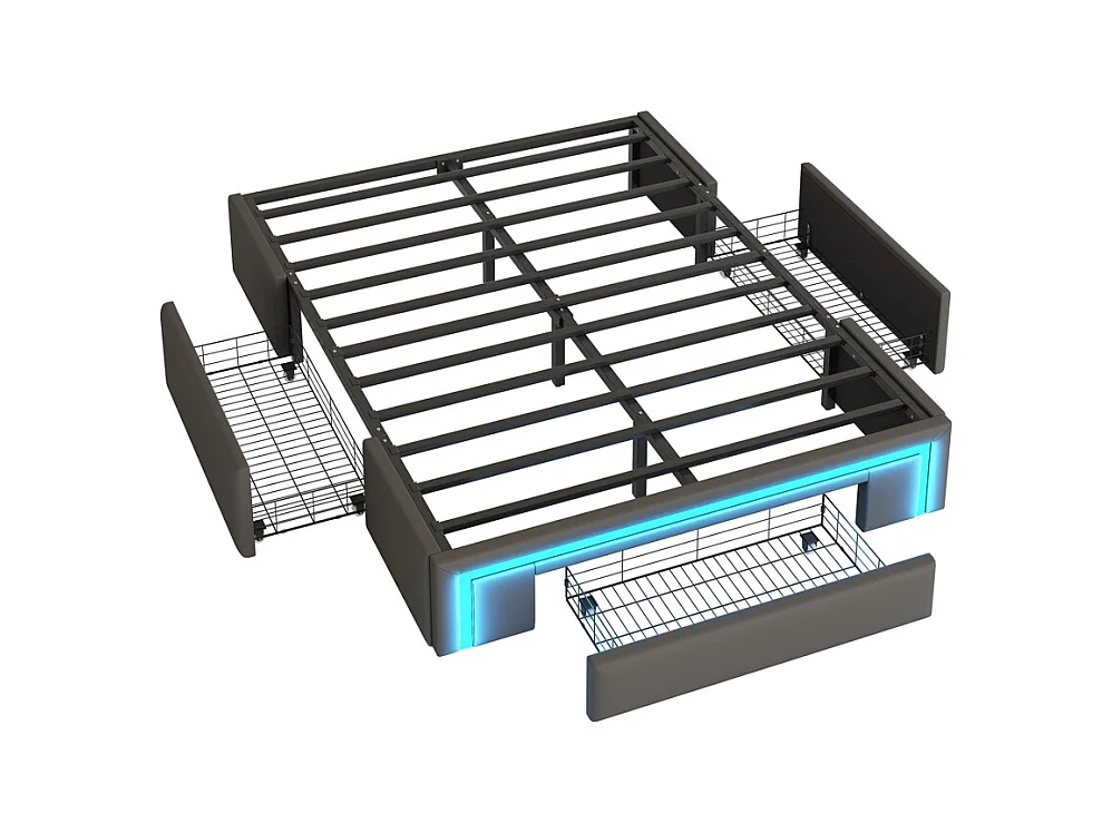 Volwassenenbed 140 x 200 cm, met lades, zonder hoofdeinde, ledstrip, metaal, grijs