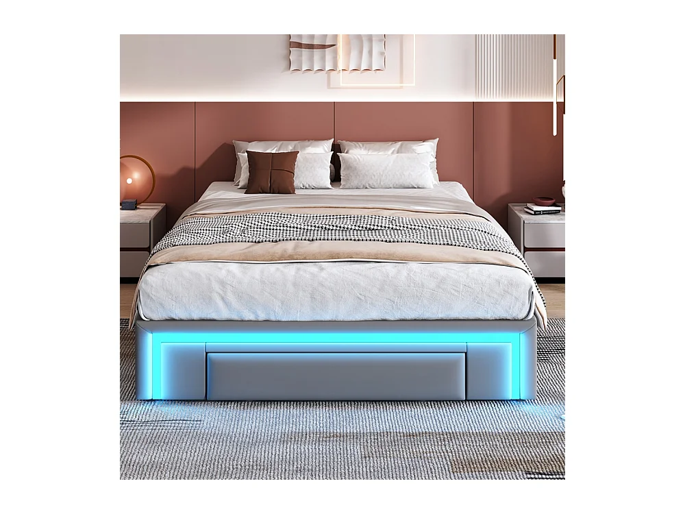 Lit adulte 140 x 200 cm, avec tiroirs, sans tête de lit, bande LED, métal, gris