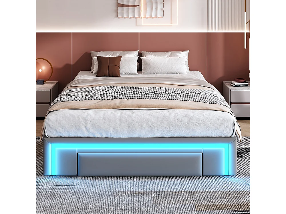 Lit adulte 140 x 200 cm, avec tiroirs, sans tête de lit, bande LED, métal, gris