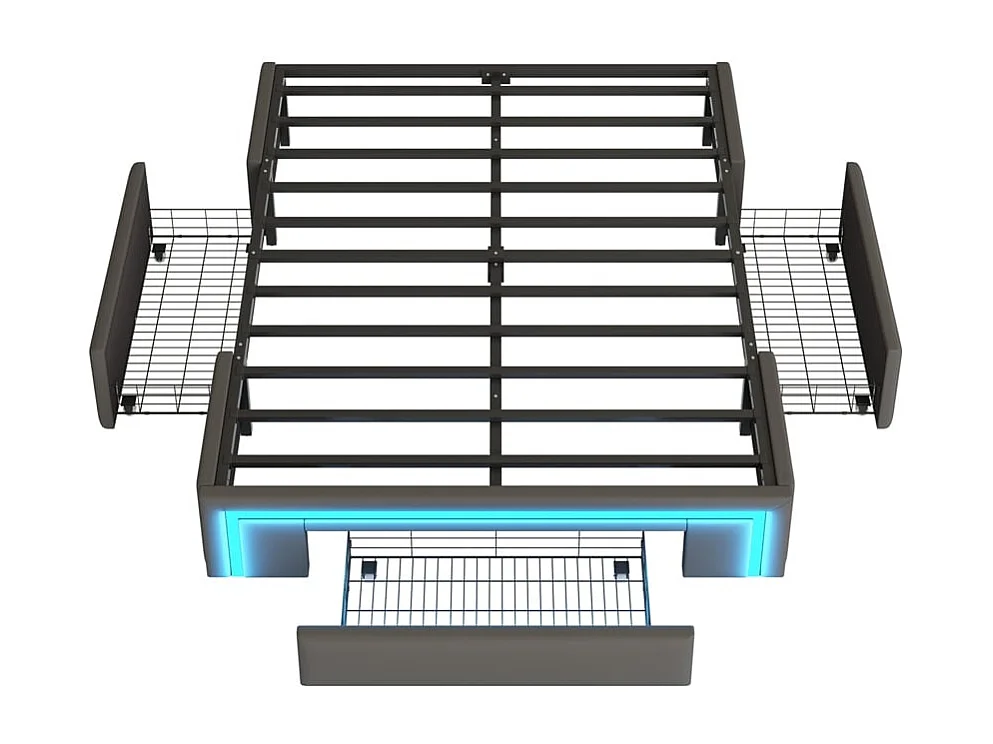 Lit adulte 140 x 200 cm, avec tiroirs, sans tête de lit, bande LED, métal, gris