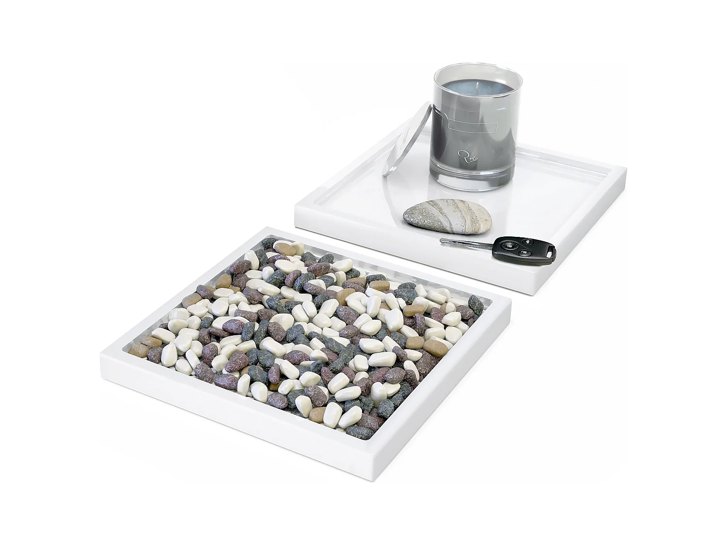 Décoration de table Maya, Plateau rectangulaire décoratif et moderne, Blanc haute brillance, 2 pièces (20 x 1,8 x 20 cm)