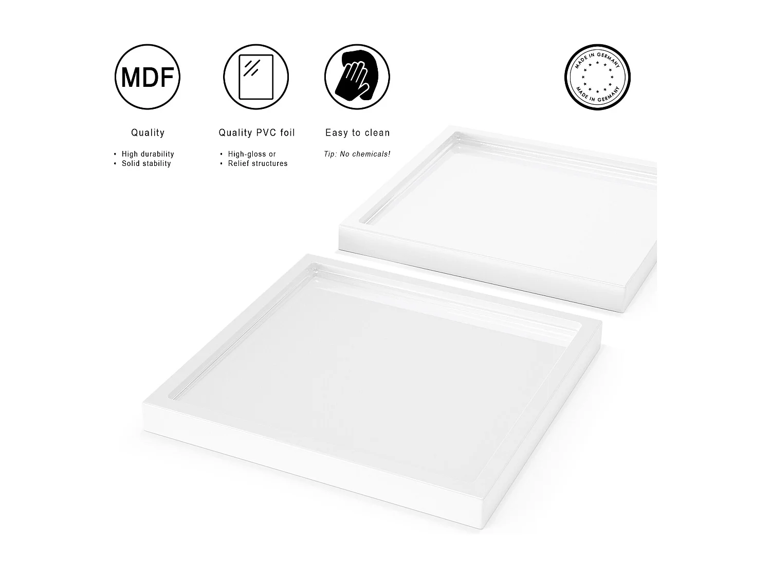 Décoration de table Maya, Plateau rectangulaire décoratif et moderne, Blanc haute brillance, 2 pièces (20 x 1,8 x 20 cm)