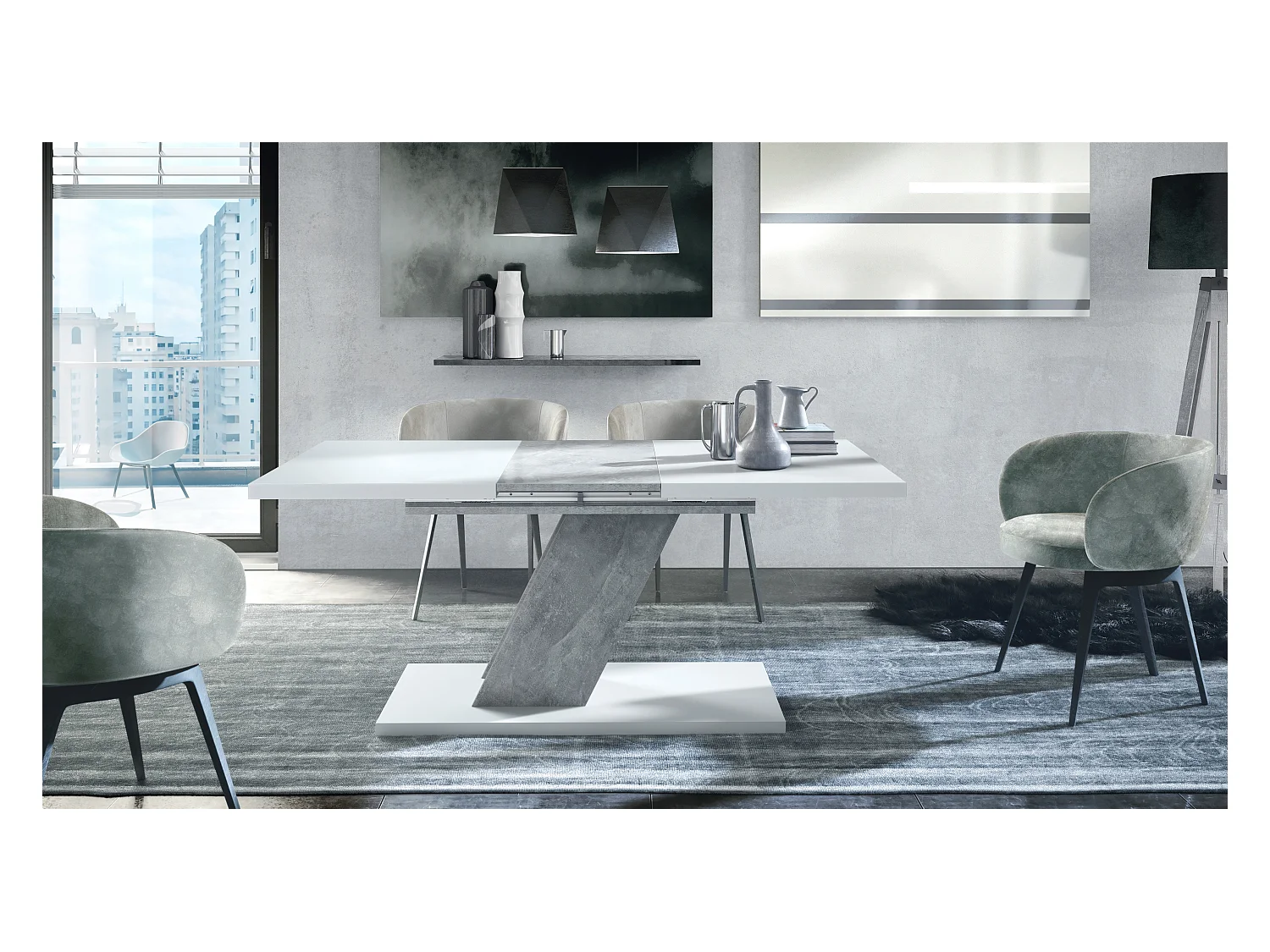 Table à manger Kross extensible 120 - 160 x 75 x 80 cm, dans les couleurs blanc mat et aspect béton oxyde