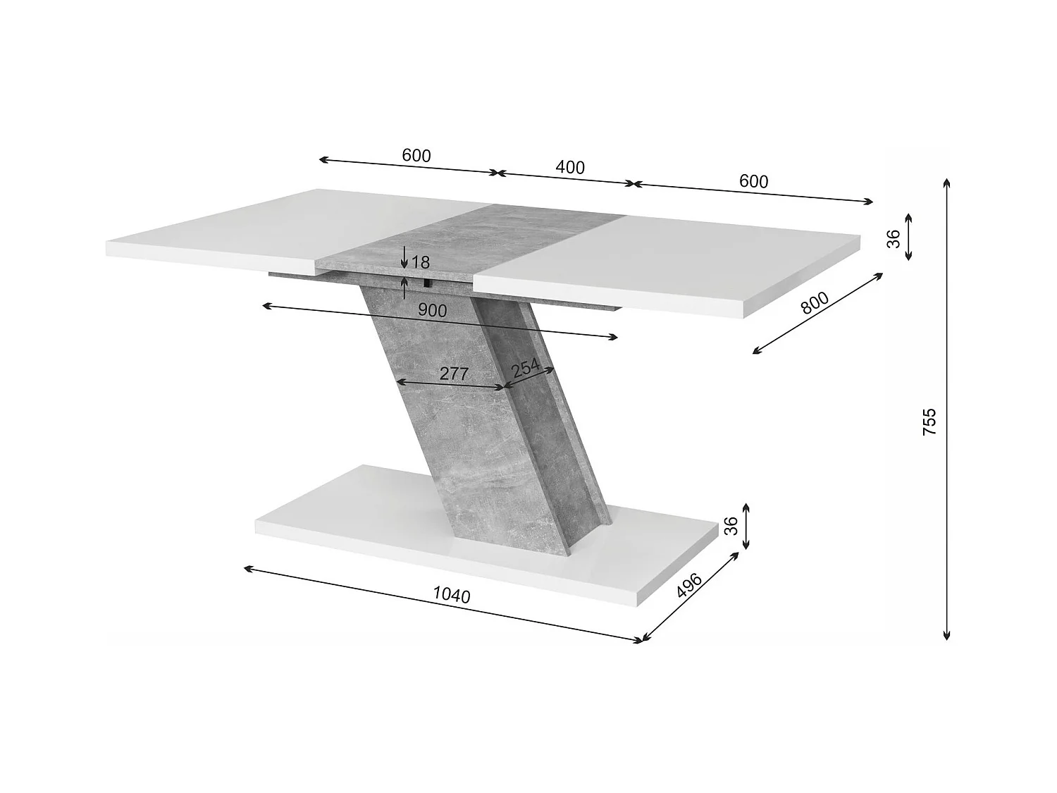 Table à manger Kross extensible 120 - 160 x 75 x 80 cm, dans les couleurs blanc mat et aspect béton oxyde