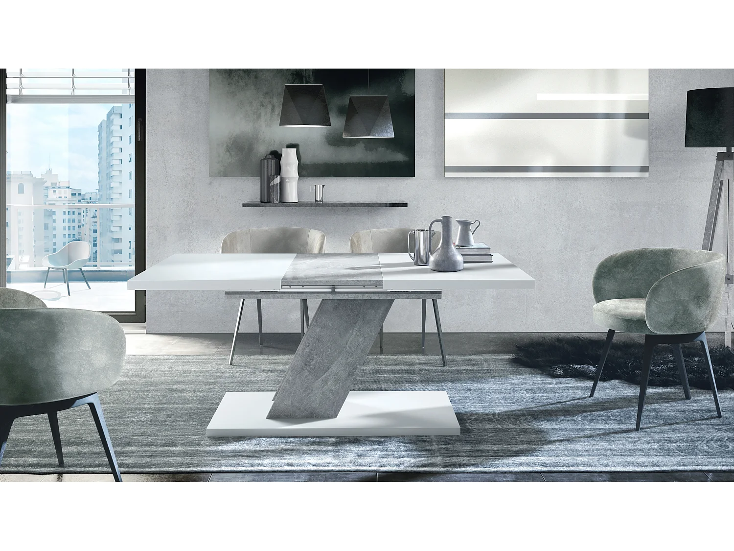 Table à manger Kross extensible 120 - 160 x 75 x 80 cm, dans les couleurs blanc mat et aspect béton oxyde